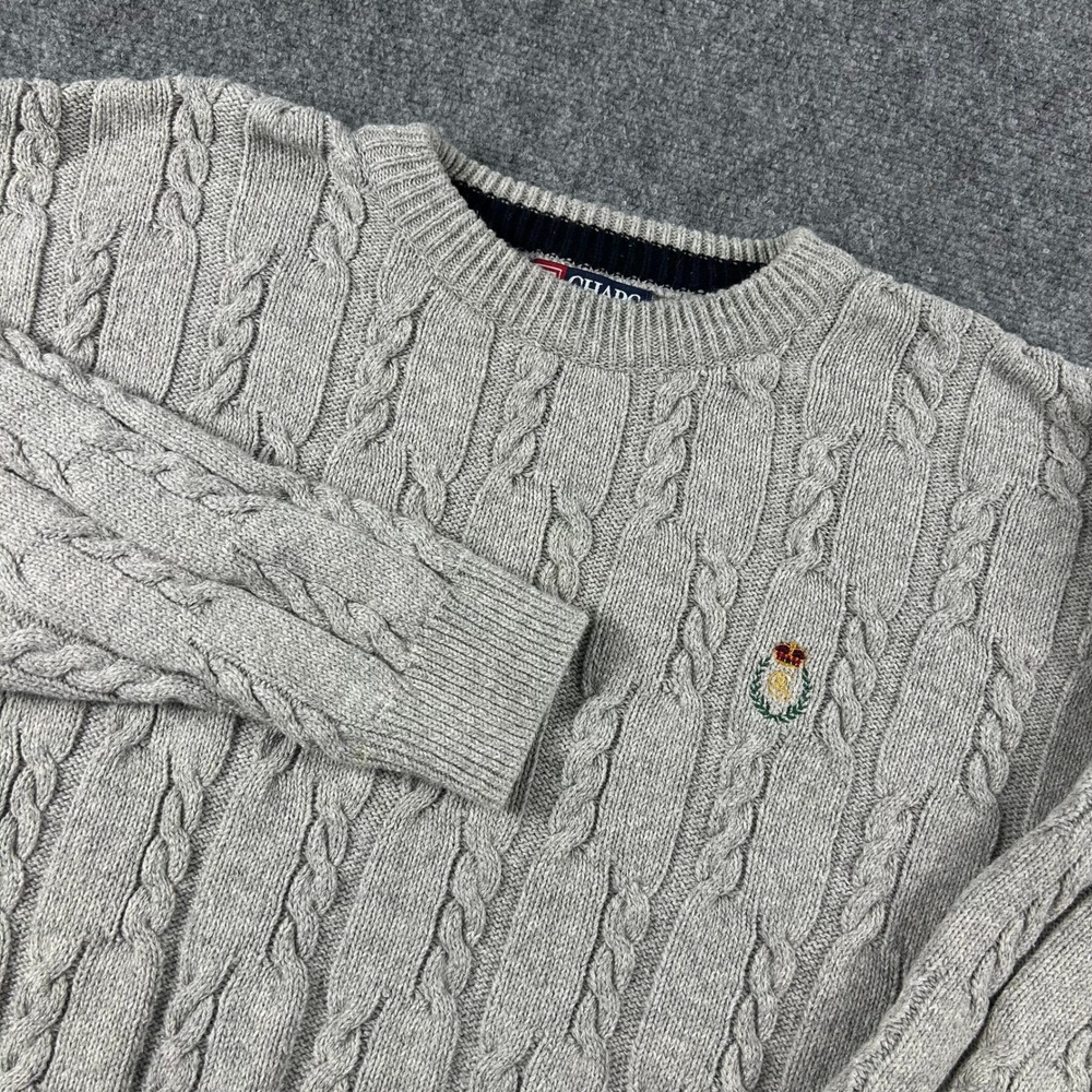 Chaps Ralph Lauren Sweater Mens XL Gray Cable Knit Cotton Crest Vintage Crewneck